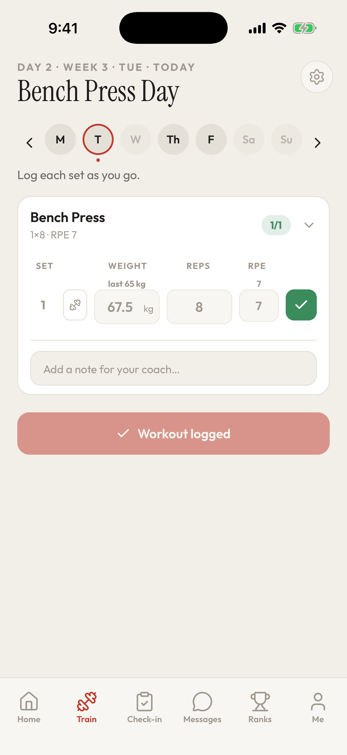 Iron Avatar athlete logger showing coach-prescribed RPE targets