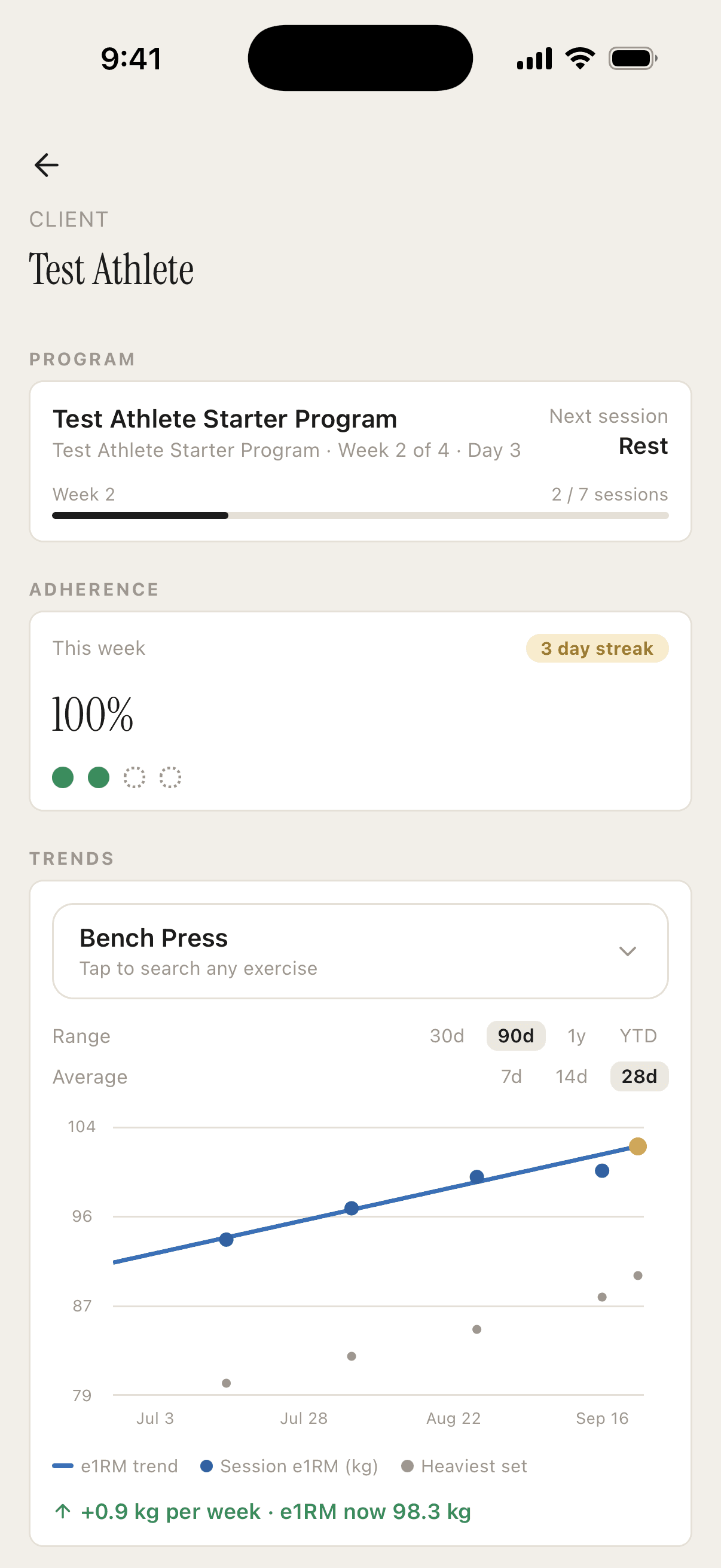 Iron Avatar strength trends screen showing running e1RM